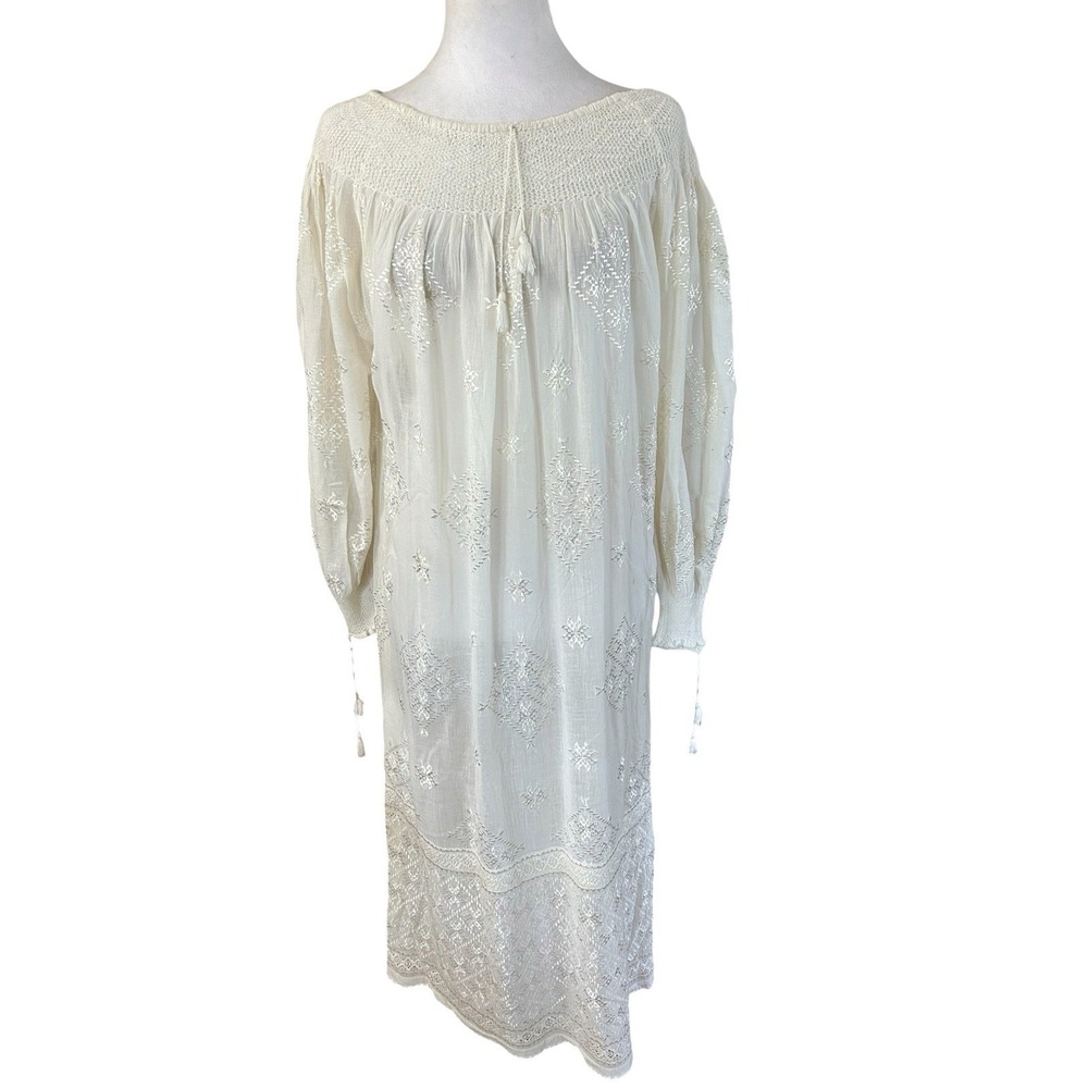 Vintage Bohemian Ecru Embroidered Gauze Peasant Maxi Sheer Dress Tassels SZ M